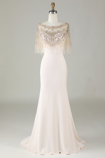 Sparkly Champagne Boat Neck Beaded Mermaid Long Prom Dress